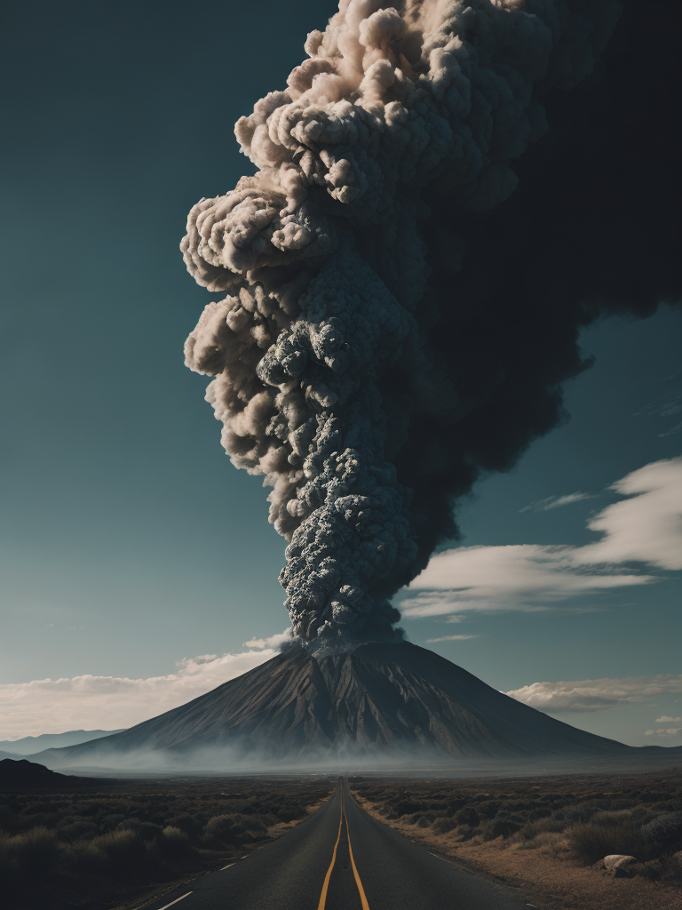 The image of a volcano erupting into the sky, a large mountain, black smoke, flowing lava, high quality details