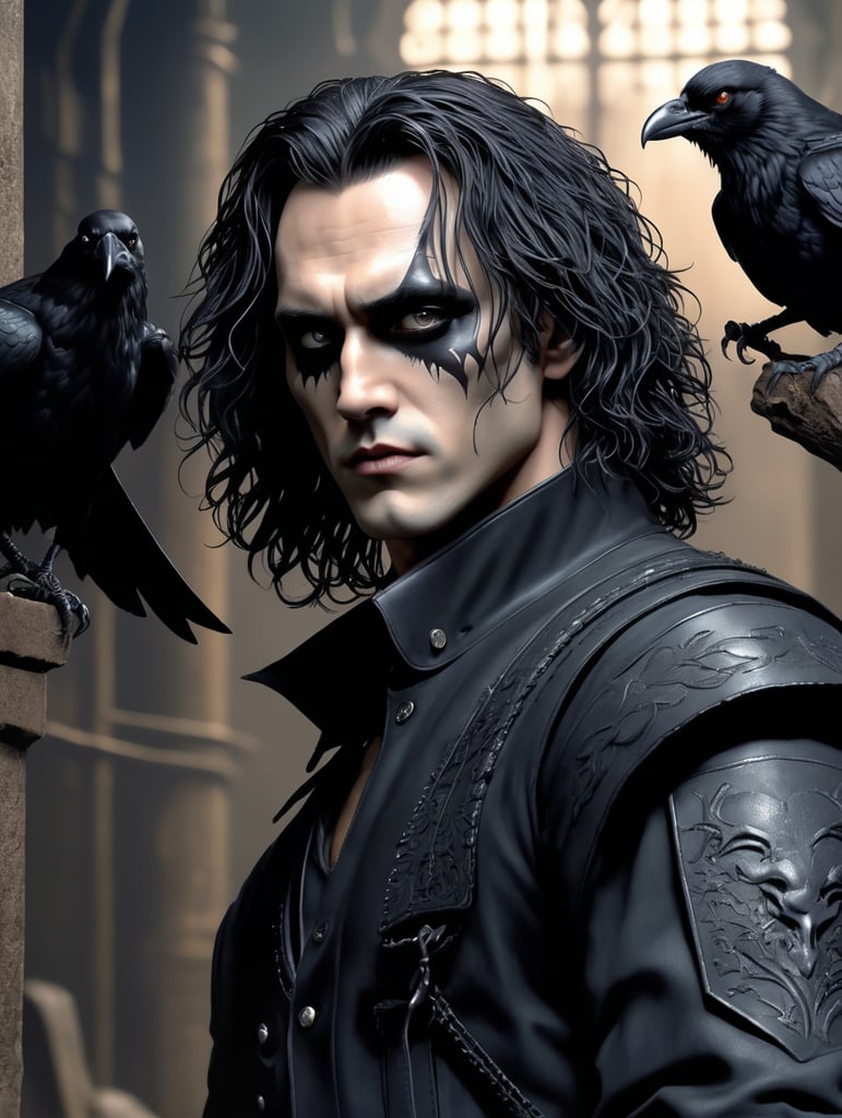 Midshot. Very detailed illustration in anime style of Brandon Lee as (Eric Draven), (The Crow movie), extremely detailed face, (very detailed hair), creepy dungeon environment, JRPG, art by MSchiffer, pixiv, konachan, high contrast, flat colors, cel shaded