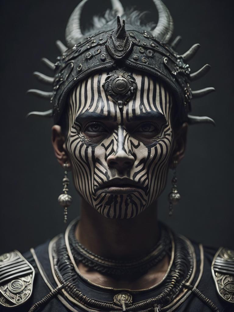 In this powerful and evocative image, mictlantecuhtli, the ancient aztec god of the underworld, emerges in all his ominous glory. rendered predominantly in stark black and white, with subtle gradations of gray, the depiction showcases the deity's menacing presence and serves as a testament to his authority. mictlantecuhtli's face embodies an intense fury, with furrowed brows and eyes ablaze with anger. his facial features are sharp and defined, with deep-set eye sockets that pierce through the darkness. elongated, bony structures form his skeletal visage, accentuating the otherworldly nature of his being. jagged teeth, stained and yellowed, protrude menacingly from his mouth, capturing his ferocity and instilling fear in those who behold him. the environment surrounding mictlantecuhtli reflects the essence of his era, transporting us to the aztec underworld known as mictlan.