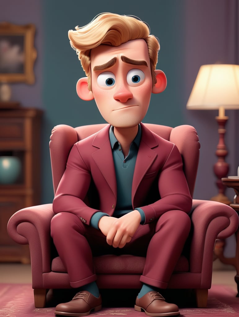 Bel homme européen blond de 25 ans en costume trois pièces de couleur bordeaux assis sur un fauteuil de manière suggestive, manches retroussées, sans chaussures