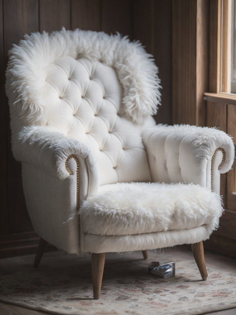 a white soft sheep chair, wood carved head and legs of the sheep, body is white wool