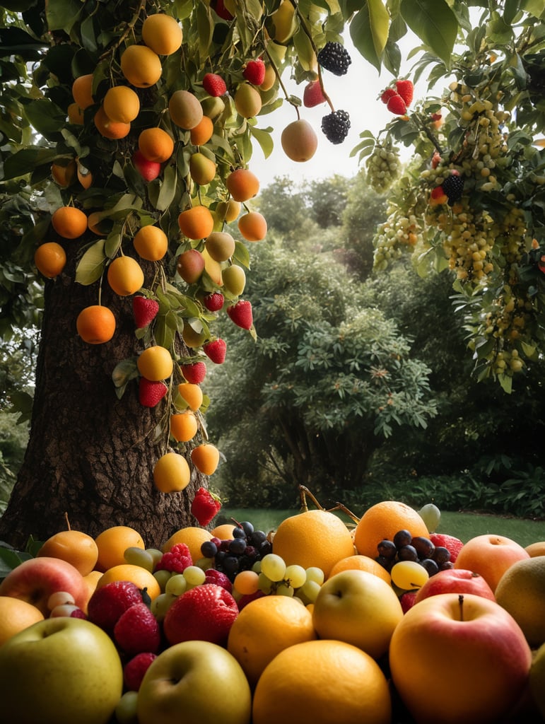 Various fruit falling from a group of trees