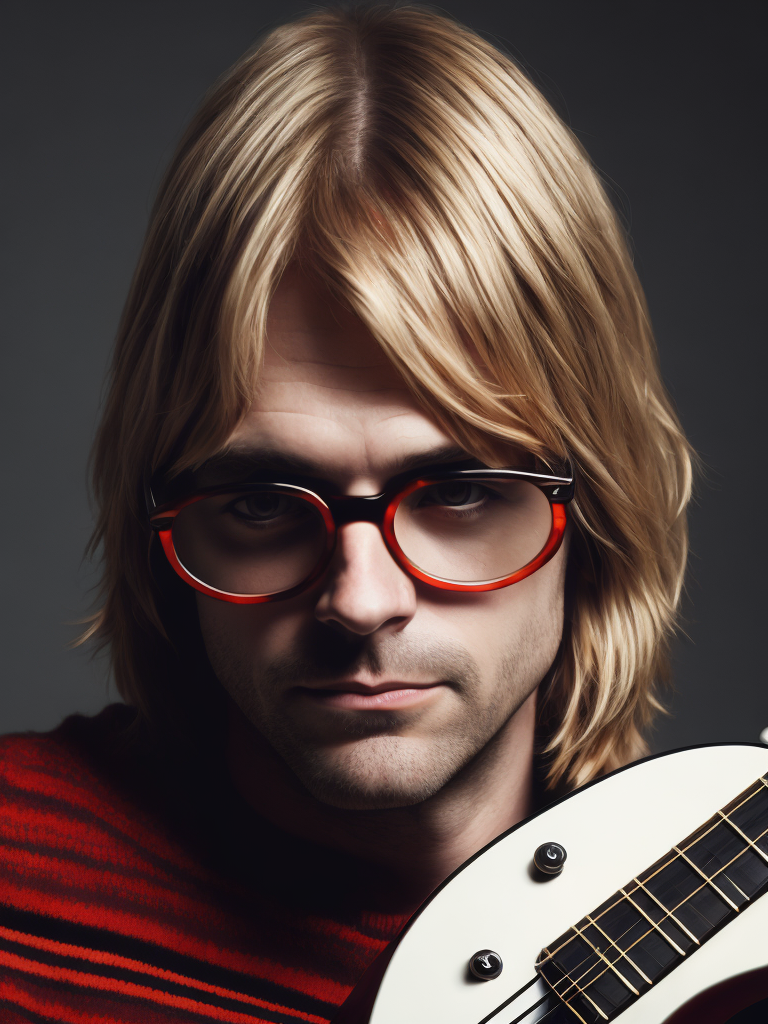 Kurt Cobain is wearing a black and red striped sweater, large oval glasses with thick white frames, with an electric guitar, Vivid saturated colors, Contrast light, studio photo, professional photo, Detailed image, detailed face