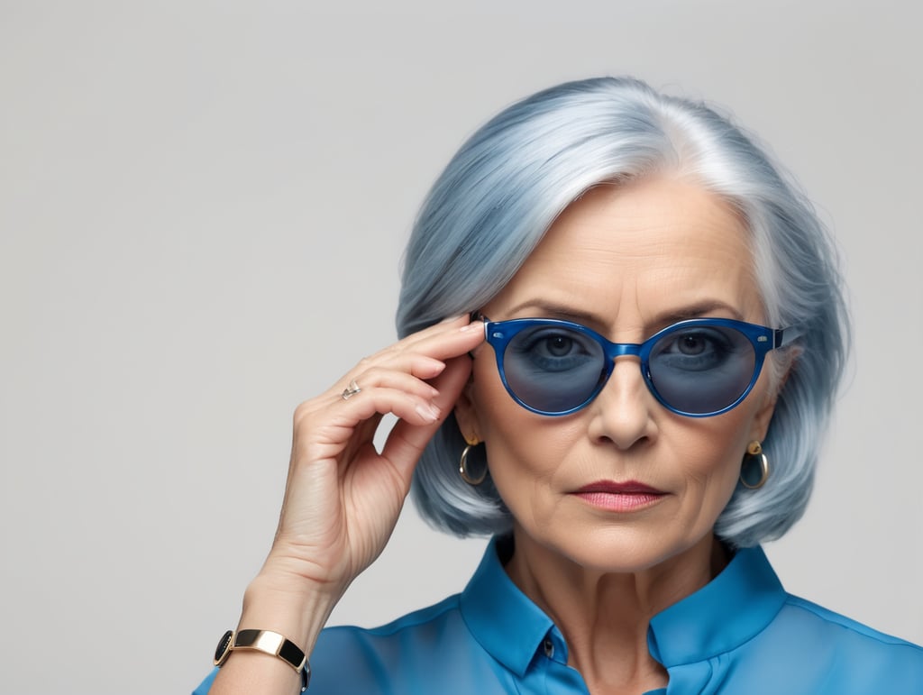 Blonde middle aged woman ponders on something keeps hand near face, blue hair, blue blouse, black sunglasses, minimalistic style, fashion, mature women, pretty old women, isolated, white background