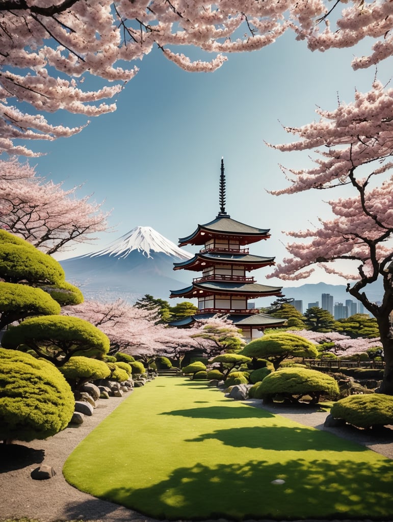 a beautiful japanese garden with cherry trees on full blossom, petals spread above the green grass, cloudless sky shinny day and Fuji mount at the back