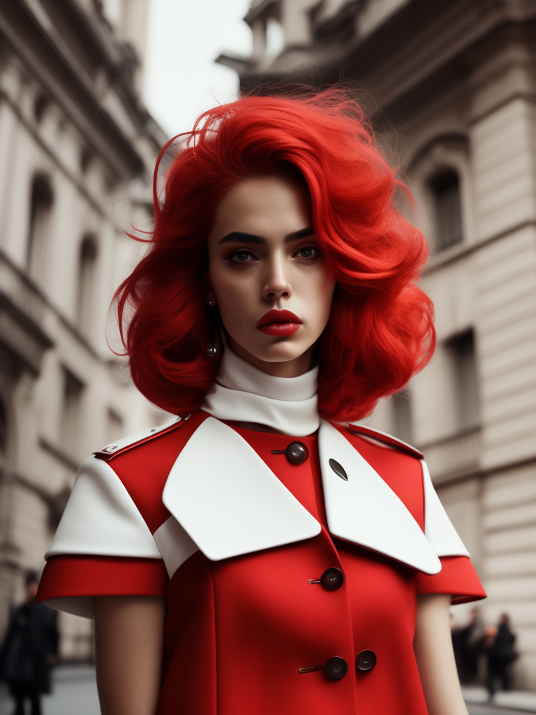 Meaningful surreal tumblr amateur balenciaga's street fashion photoshoot of a beautiful 3d girl, interesting poses, photorealistic, red and white colors, photo shoot, cinematic still shot, magazine photography, 35mm, film look