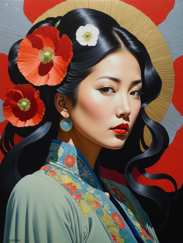 Hiroshi Nagai, ultrafine detailed painting of a woman with a n opium poppy flower in her hair, whimsical, detailed painting