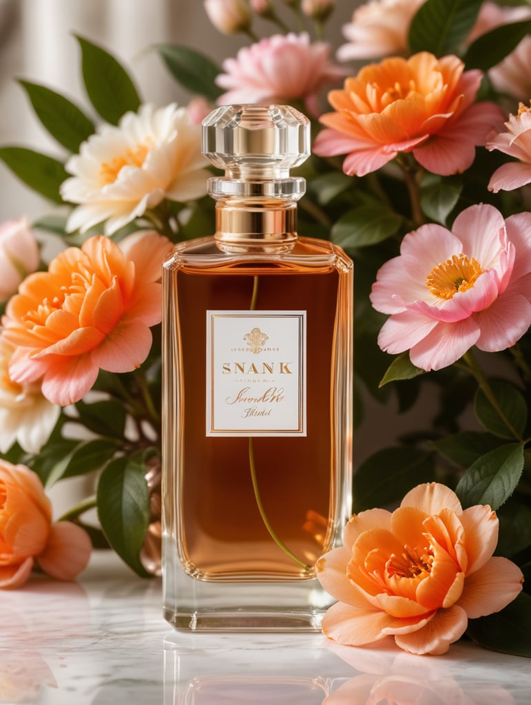 Luxury perfume bottle with blanc label, snak next to the bottle, floral background, pink and orange flowers