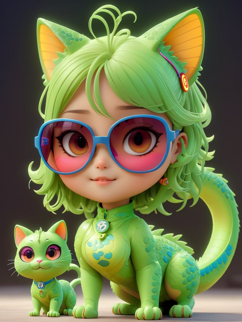 Premium AI Image, modern anime character of Chinese girl AI generated, neon, sunglasses, small cat, lizard