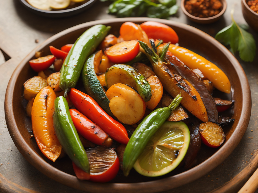 grilled vegetables on a clay plate. lots of light in a bright room