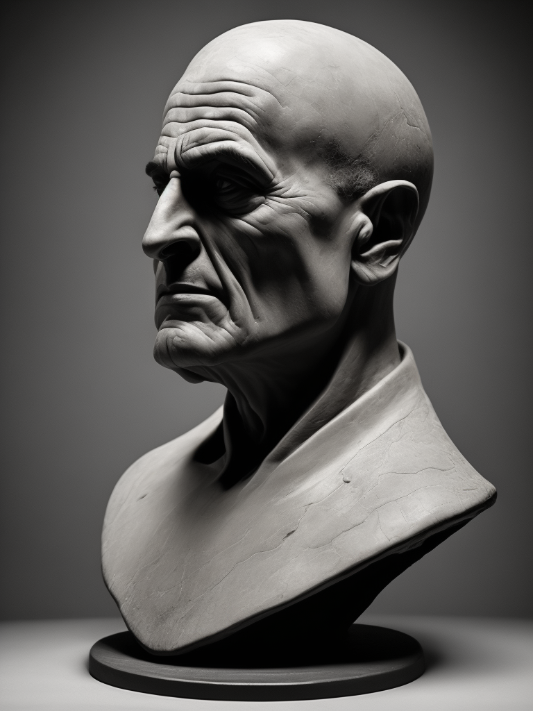 ein trauriger keramikkopf im sinne von peter voulkos und man ray. schwarz weiß foto