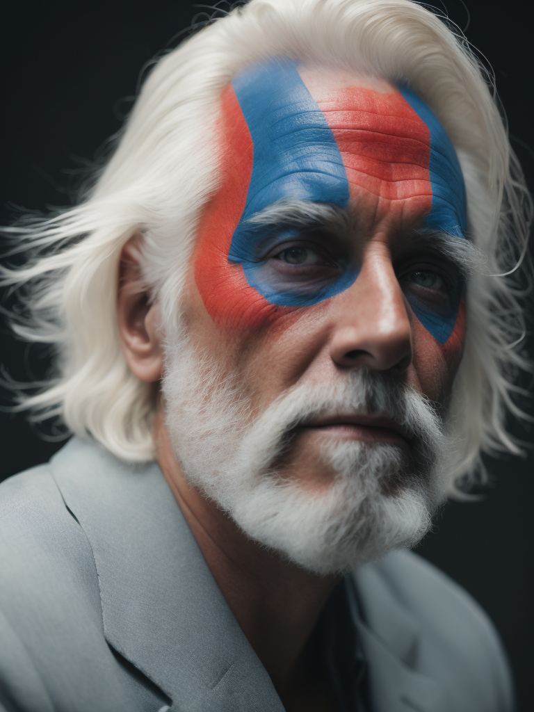 a man with white hair and a face painted like a man with red and blue circles on his face by Alejandro Jodorowsky