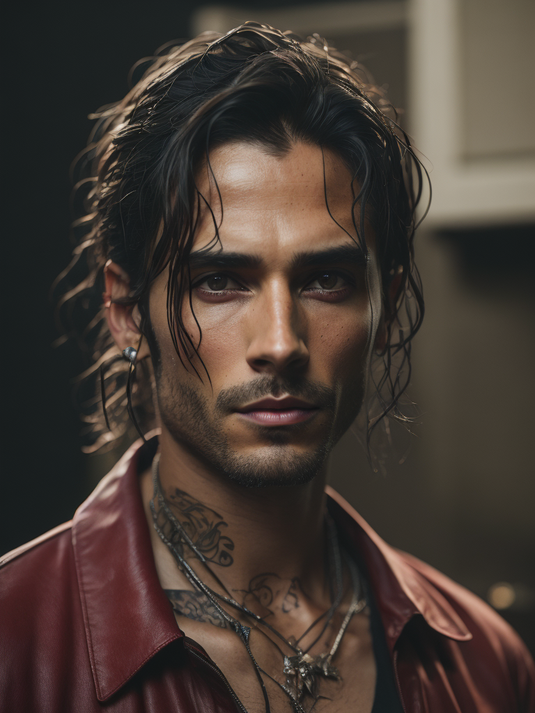 Portrait of a handsome indigenous male gang member, tattoo of a red bear on his chest, bright and saturated colors, elegant, highly detailed, vogue, fashion magazine, sharp focus, bright expressive makeup, dramatic lighting, depth of field, incredibly high detailed, blurred background
