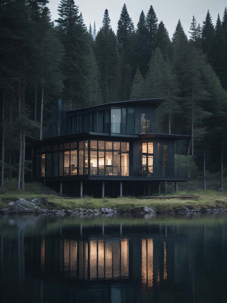 house with glass walls on the shore of the lake in the middle of the forest