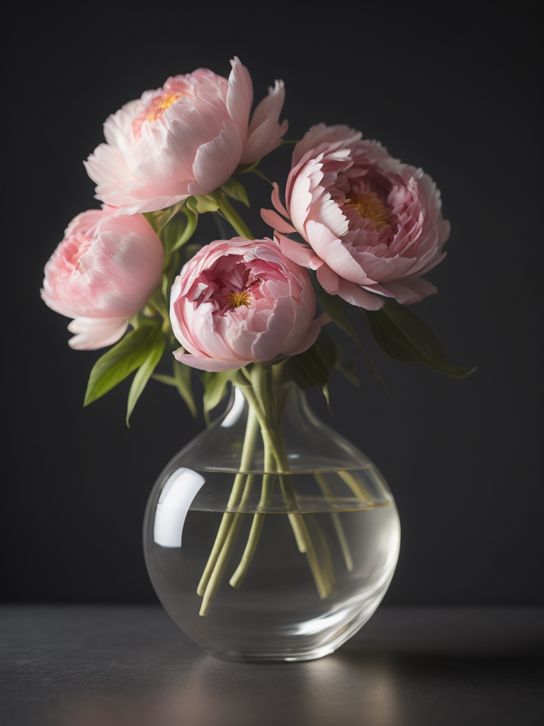 Transparent glass vase with pink peonies, dark gradient background, sharp focus