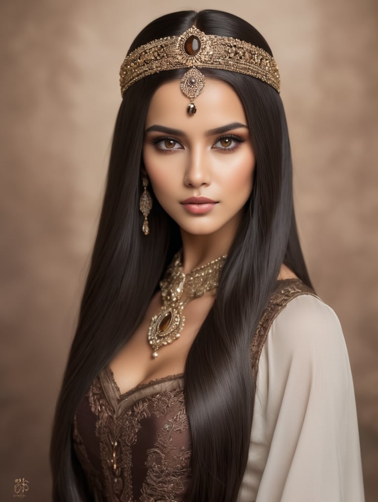 Beautiful queen, dark long straight hair, dark fabric, head accessories and brown eyes