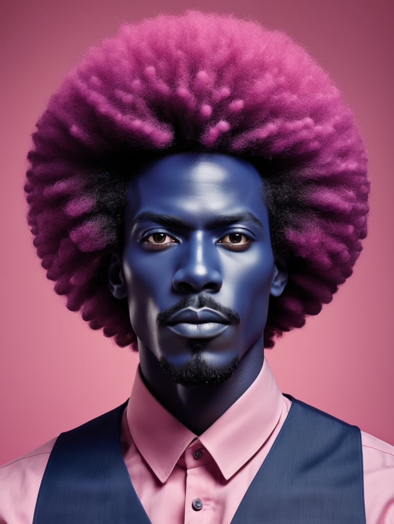 Afro ebony man, avant-garde, simplygo, photoshoot spread, dressed in all indigo, pink background, harpers bizarre, cover, headshot, hyper realistic
