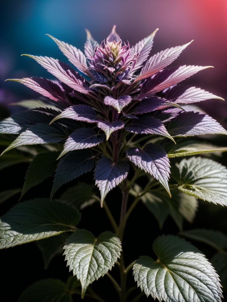 Purple cannabis flowers with a red and blue background lighting