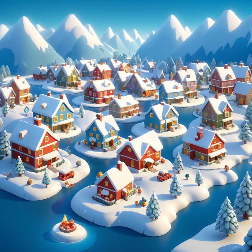 big isometric winter christmas map, vector pixar illustration