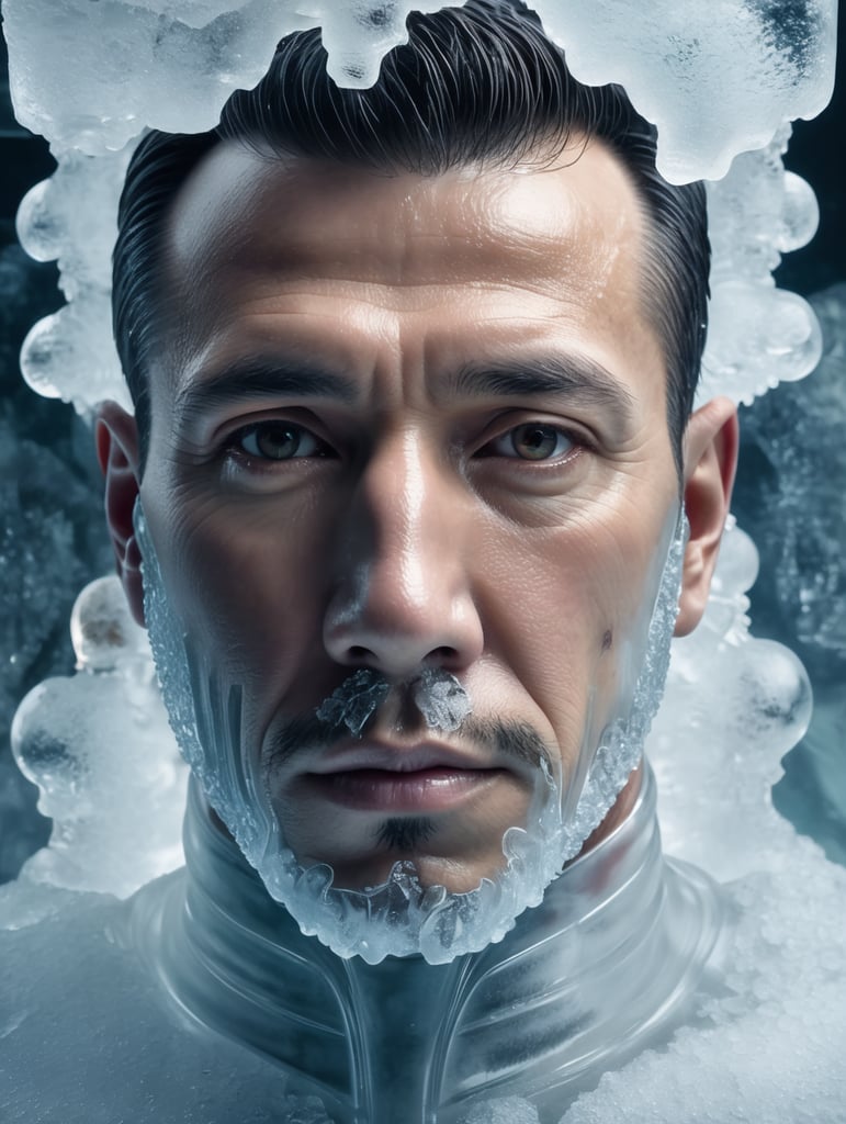 Portrait of a Translucent man made from the ice, organs are visible through the ice