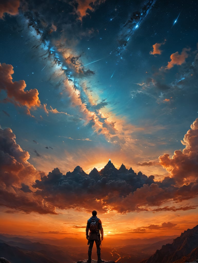 person looking at the magical orange blue sky with stars