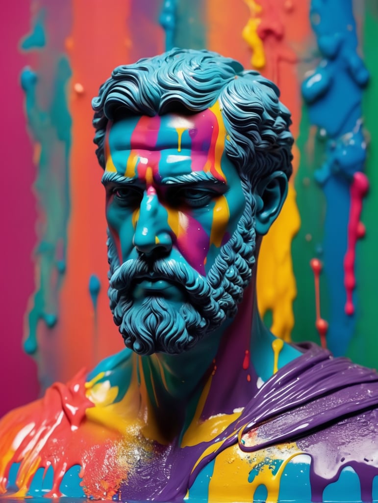 greek male bust with colorful paint, melted, the paint is flowing, aesthetic background
