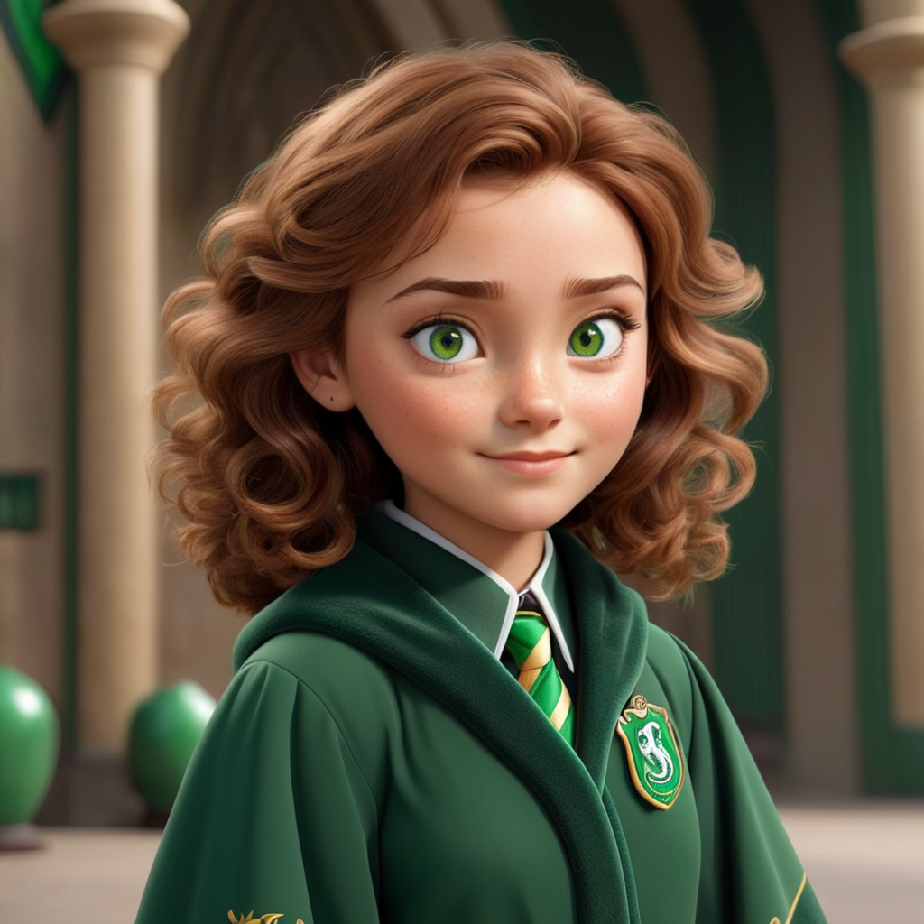 a girl with green eyes, freckles and brown curly hair dressed in slytherin hogwarts robes