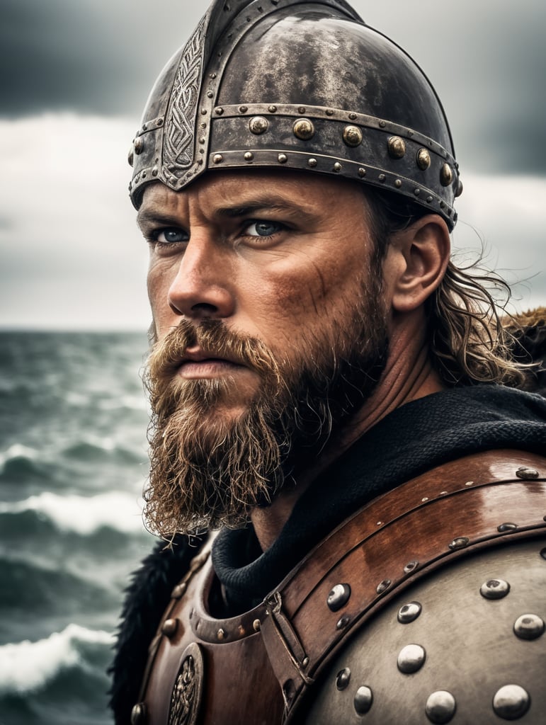 A portrait of viking warrior at the boat in the ocean, stormy weather