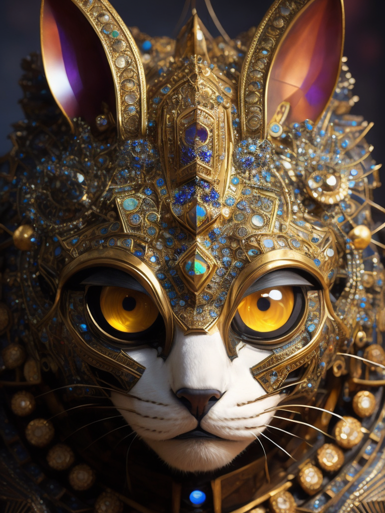 Masterpiece sculpture of an ornate bejeweled mechanical robot cat face, by annie swynnerton and diego rivera and nicholas roerich and jean delville, symbolist, dramatic lighting, god rays, elaborate geometric ornament, art brut, rich colors, smooth, sharp focus, extremely detailed, adolf wolfli and donato giancola