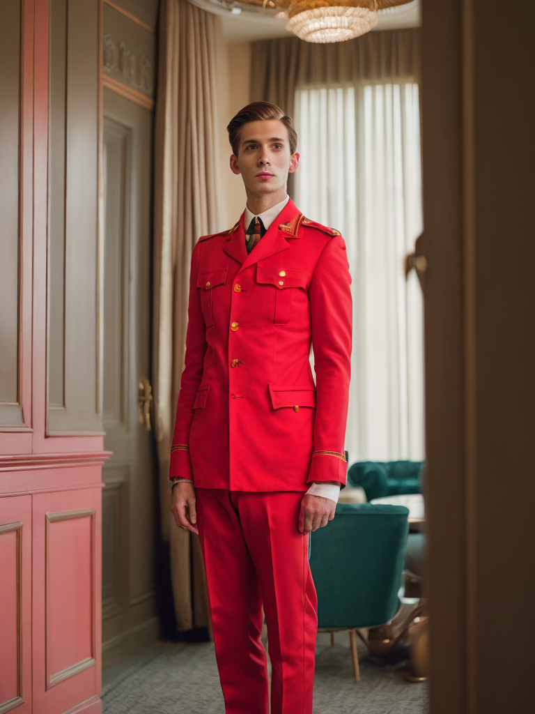 Vintage Portrait of hotel porter, Red uniform, Wes Anderson style, Incredibly high detail, Bright colors