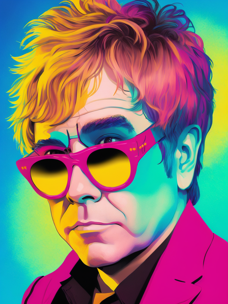 Portrait of Elton John with star-shaped glasses, Against a bright gradient, Vivid saturated colors, Contrast color