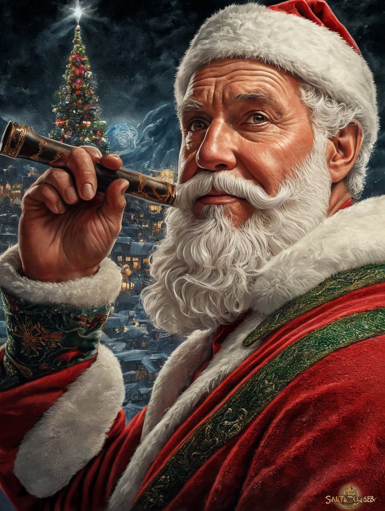This artwork of the Santa Clause by George Wilson is an eye-catching poster-style drawing and illustration representing the iconic pulp style.