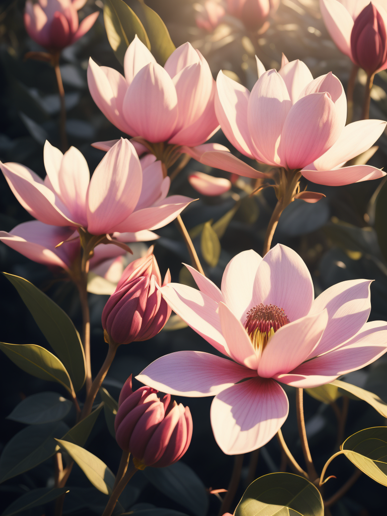 цветы магнолия розовая, светит солнце в саду