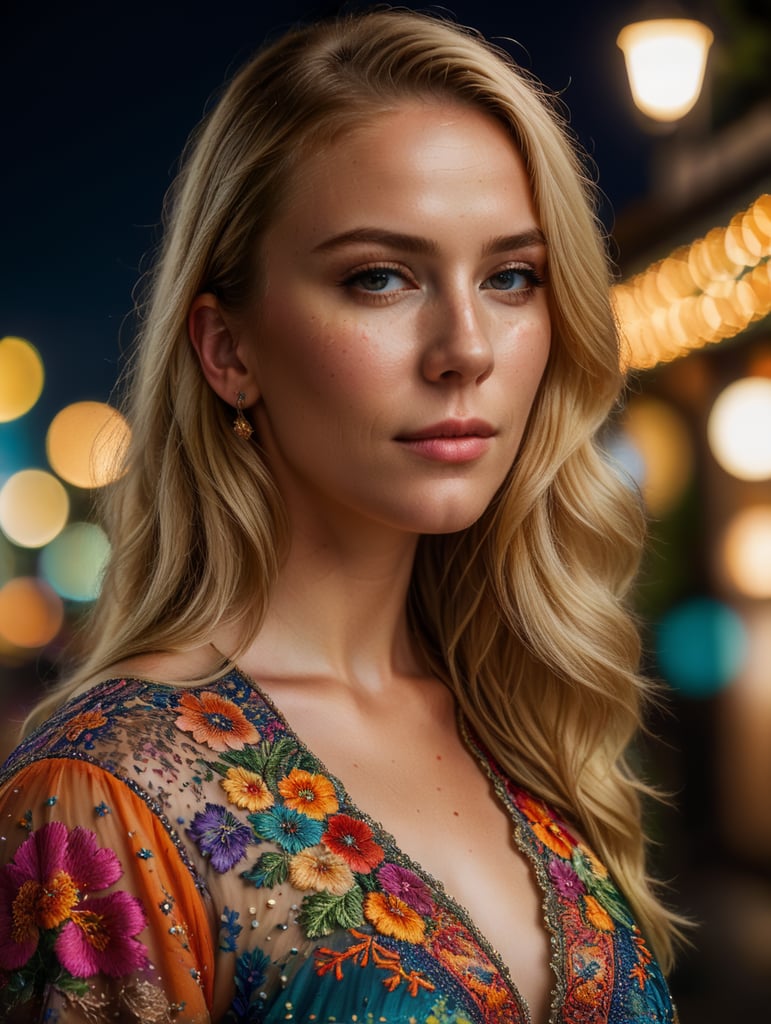 Beautiful blonde woman with freckles, wearing a colorful, vibrant, detailed embroidered dress, medium-full shot, at night