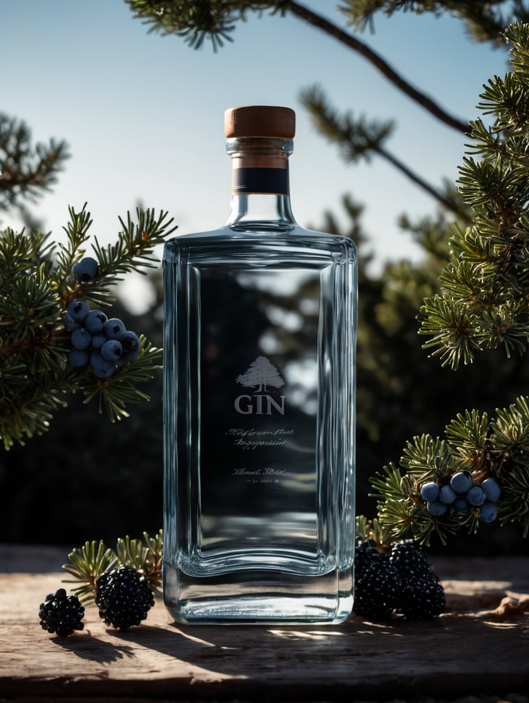 professional photography of a square gin bottle, square bottle, surrounding a juniper and juniper berries, one shot of gin in a front, no label, clear, mockup