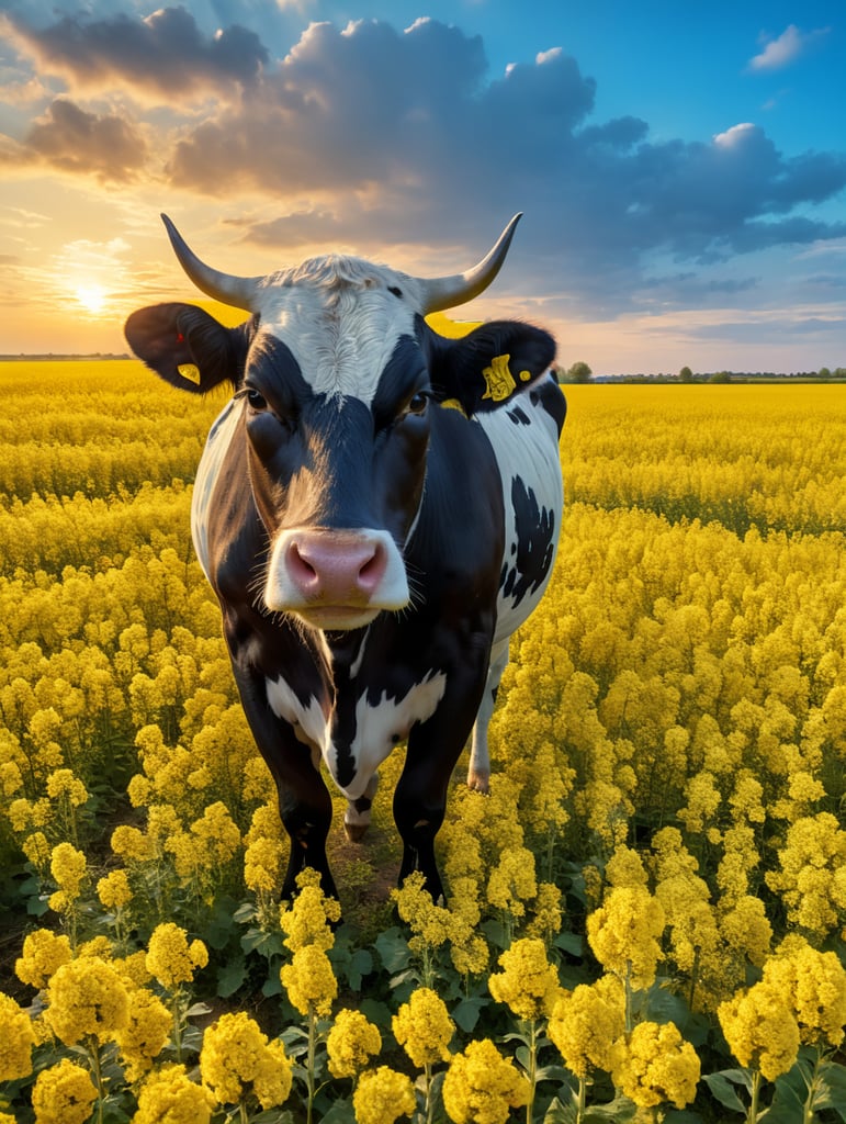 A white cow with black spots stands on the rapeseed field in the background of a blue sky with white clouds at sunset
