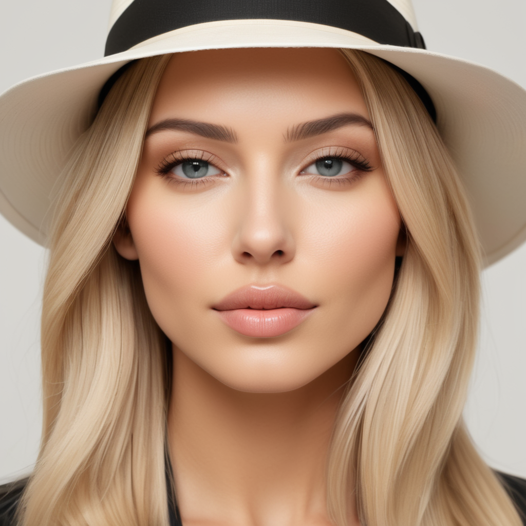 front upper view, close-up of the head of a blonde woman with shoulder-length straight hair, wearing a white men's fedora hat, covered eyes, only her nose and lips visible, beautiful lips