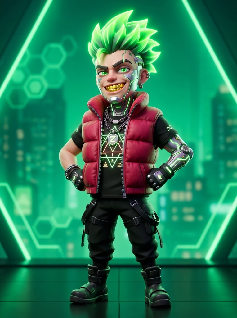 A stylized 3D cartoon figure with neon green spiked hair and cybernetic face panels stands against an emerald backdrop. The character sports an exaggerated grin with gold teeth, wearing a crimson puffer vest over a geometric shirt. Smooth digital rendering with soft lighting.