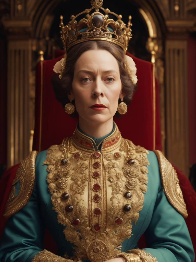 Queen Victoria, directed by wes anderson, wes anderson style, quirky, Vivid saturated colors, Contrast color, studio photo, professional photo, Rich colors, Detailed image, detailed face