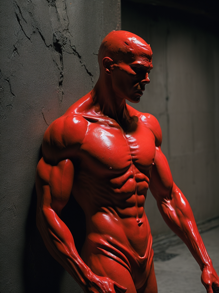 Red plastic statue of a man melting into the concrete concrete room dark and moody