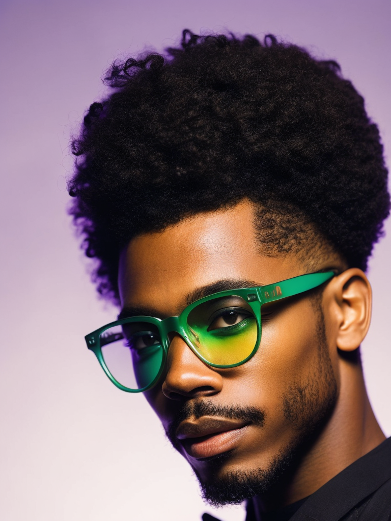 Detailed portrait of the singer the Weekend, Glasses with colored lenses, bright saturated colors, with a small beard, afro hairstyle, bright gradient background,