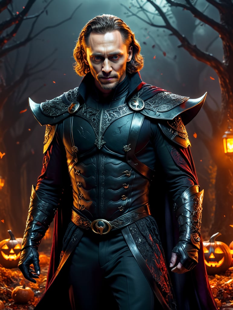 Tom Hiddleston wearing spooky Halloween costume, dynamic pose, saturated colors, Spooky theme