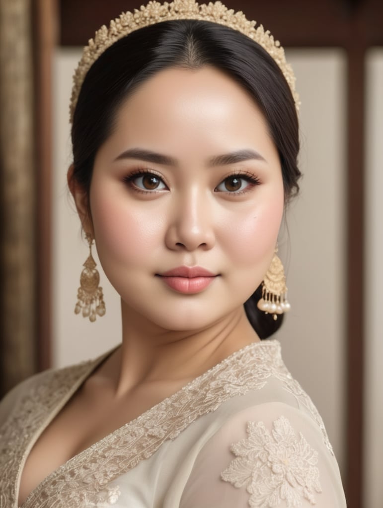 An Indonesian woman is slightly fat, chubby cheeks, flat nose, Slightly oval face shape,wearing a kebaya,No make up, white skin