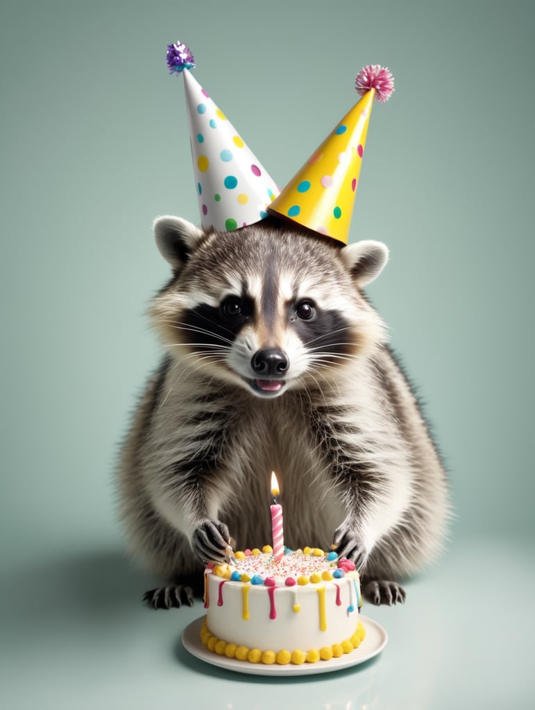A racoon with a birthday cake and a party hat on its head, hyper realistic