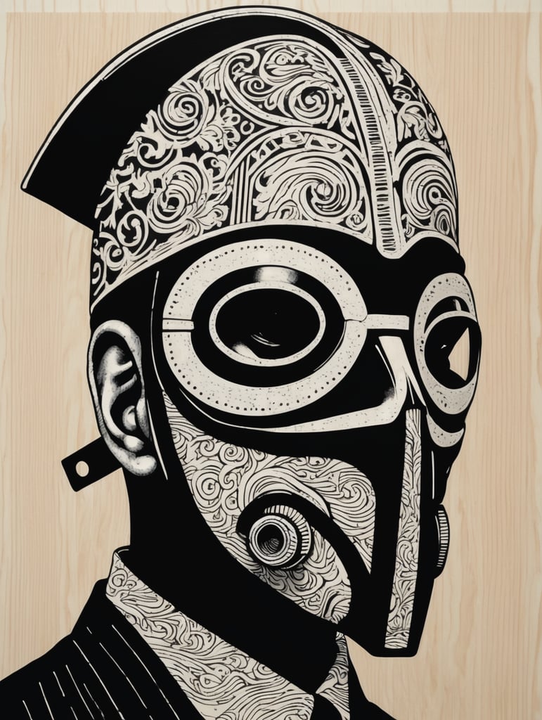 Woodcut, Plague mask, black and white, bold lines