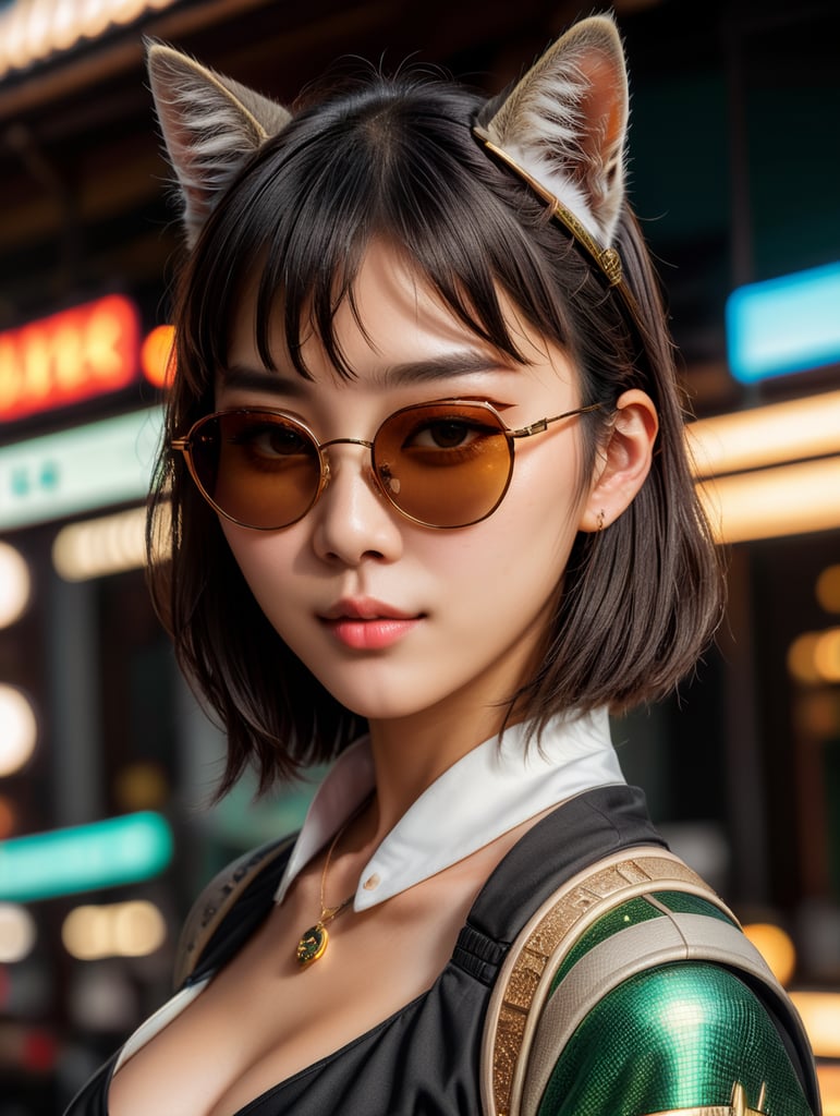 Premium AI Image, modern anime character of Chinese girl AI generated, neon, sunglasses, small cat, lizard