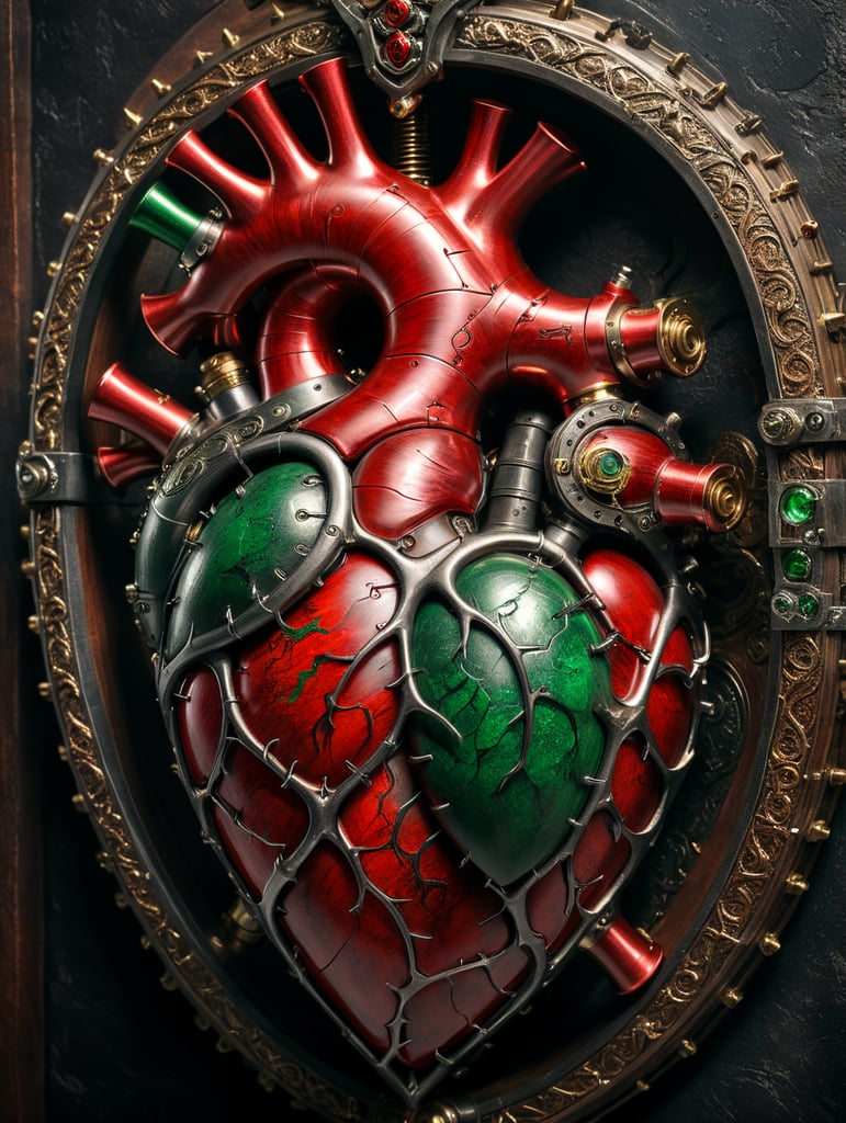 human heart made by a skilled craftsman in medieval steampunk style with red and green color add keffieh palestinien