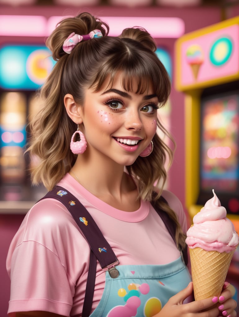 Sarah Hyland is a big chested 80s girl with fluffy hair with bangs and pigtails with scrunchies in them. She has a short pink top. She enjoys a ice cream. Some ice cream drops on her mouth and some ice cream drops on her shirt. Freckles on her face. Background is a 80s arcade.