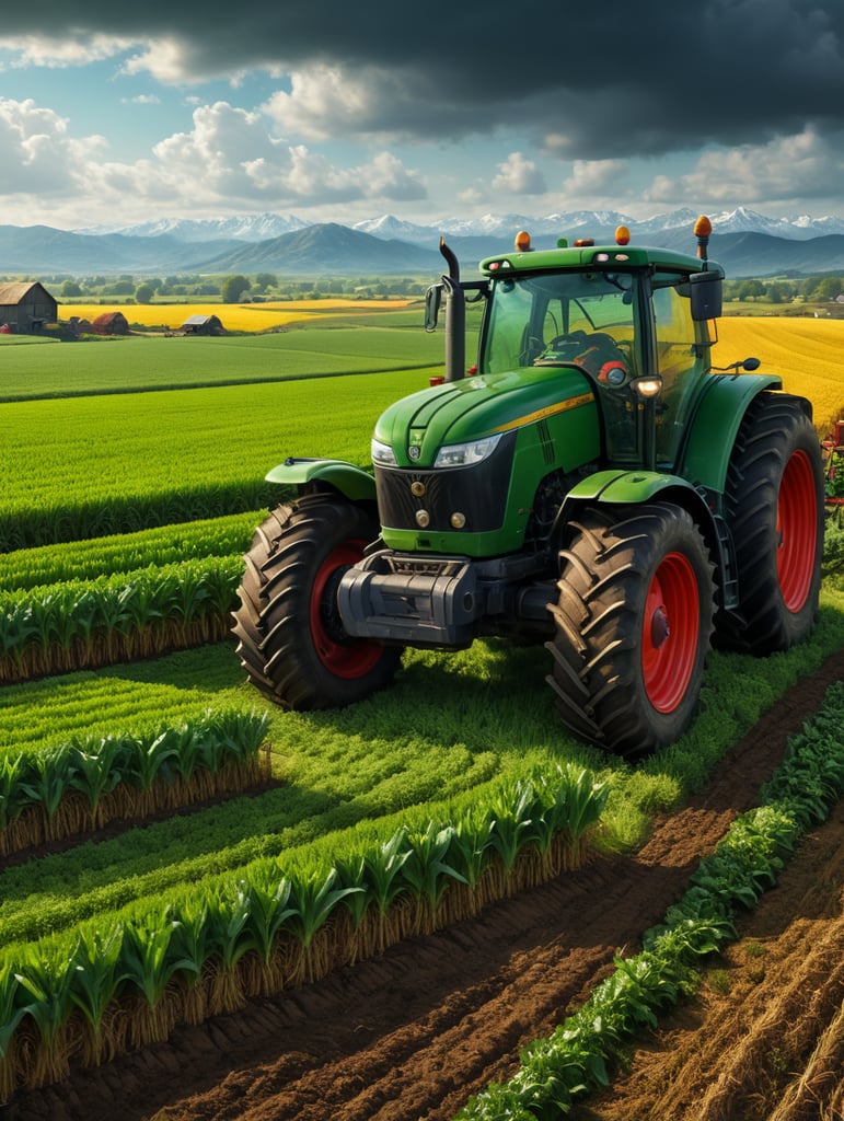 Illustrate an Scene of a man in green and prosperous field, with a farmer sowing his land, 8k, hyper realistic, vibrant colors, Comic Book Art.