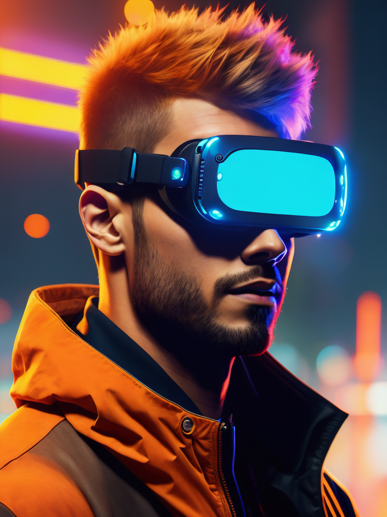 Man wearing virtual reality glasses, cyberpunk style, neon colors, bright colors, bright blue glowing glasses, sharp details, contrasting light